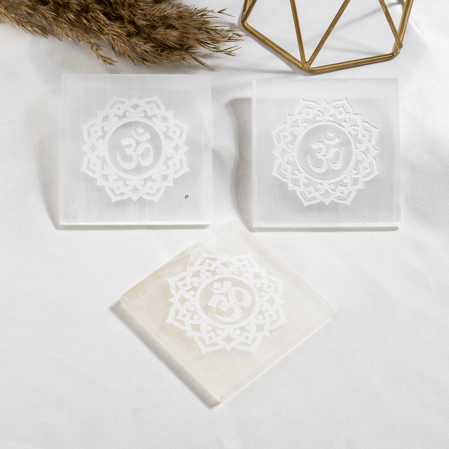 3-Inch Selenite Square Plate | Om Charging Dish | Crystal Cleansing & Charging Plate