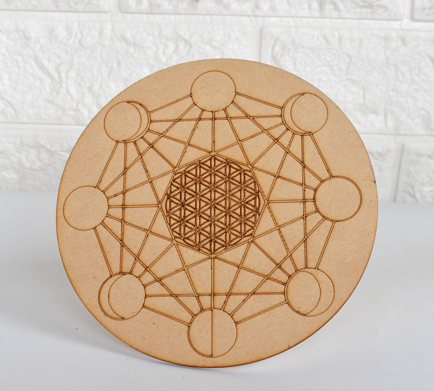 6" Wooden Moon Phases Crystal Grid Plate