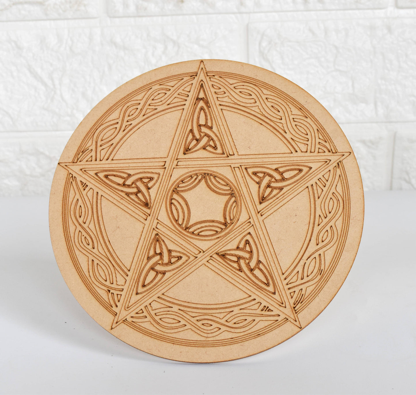 6" Wooden Pentacle Triquetra Crystal Grid Plate
