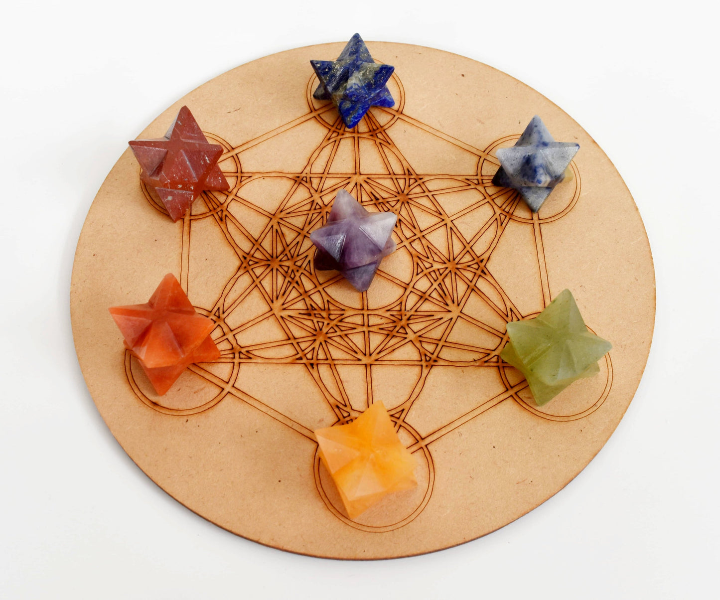 7 Chakra Merkaba Set, Chakra Crystals Set with Wooden Grid Plate, Selenite Log