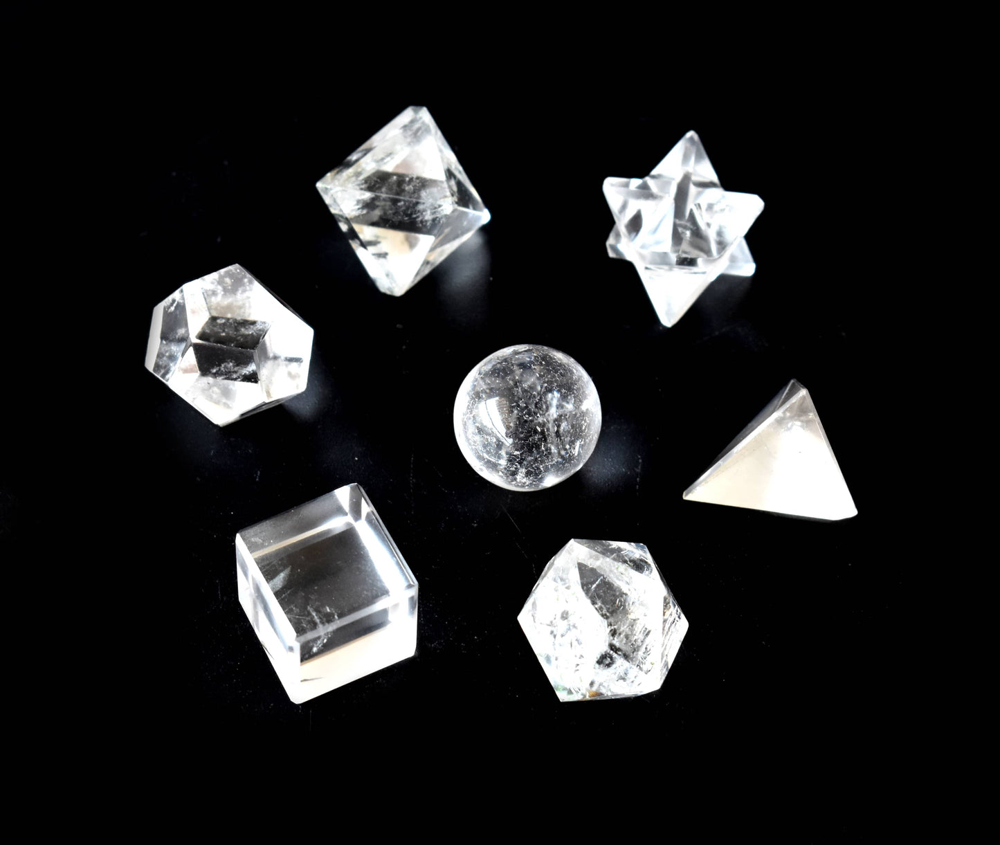 7 pcs Crystal Quartz Platonic Solids Sacred Geometric Set, Crystal Geometry Set