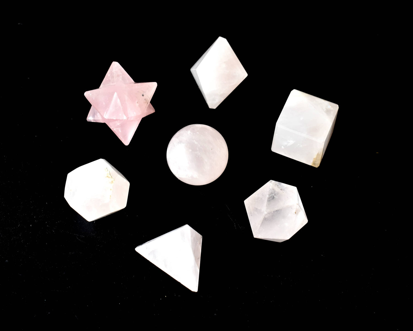 7 pcs Rose Quartz Platonic Solids Sacred Geometric Set, Crystal Geometry Set