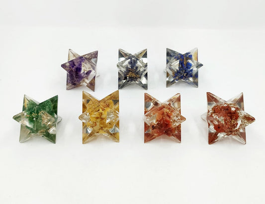 7 Chakra Orgone Merkaba Set, Chakra Crystals Set with Wooden Grid Plate, Selenite Log