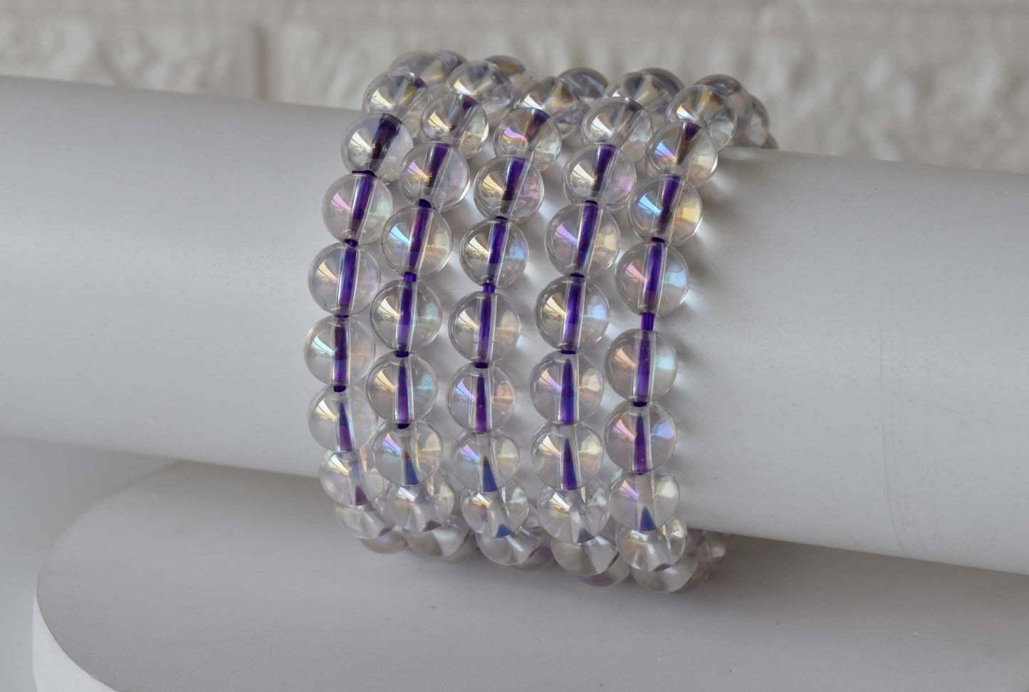 8mm Aura Quartz Rainbow Moonstone Bracelet, Round Beaded Bracelet
