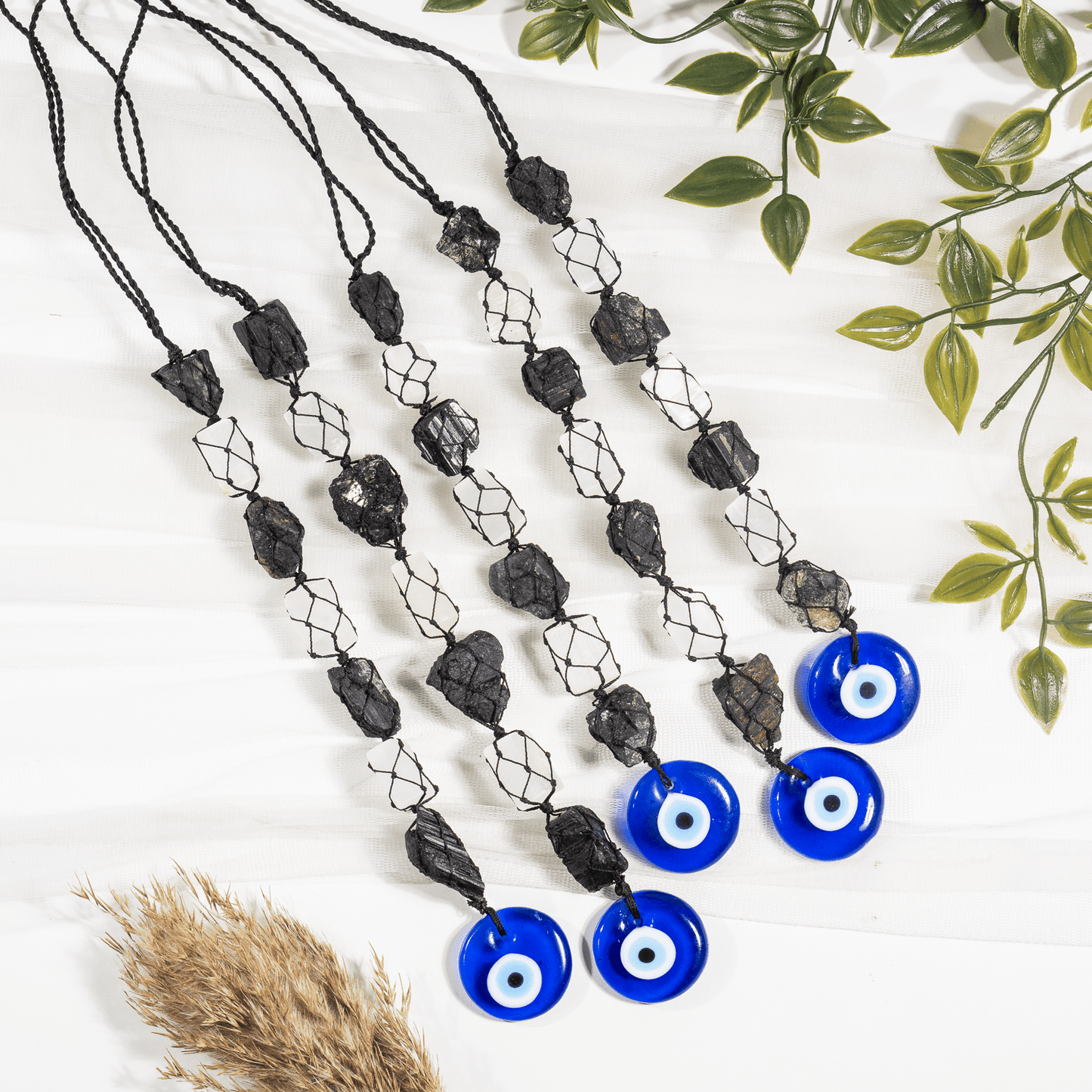 Selenite With Black Tourmaline Evil Eye Tassel Hanger