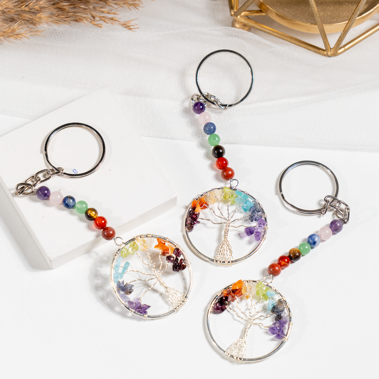 7 Chakra Gemstone Keychain | Natural Crystal Beads | Tree of Life Crystal Keyring