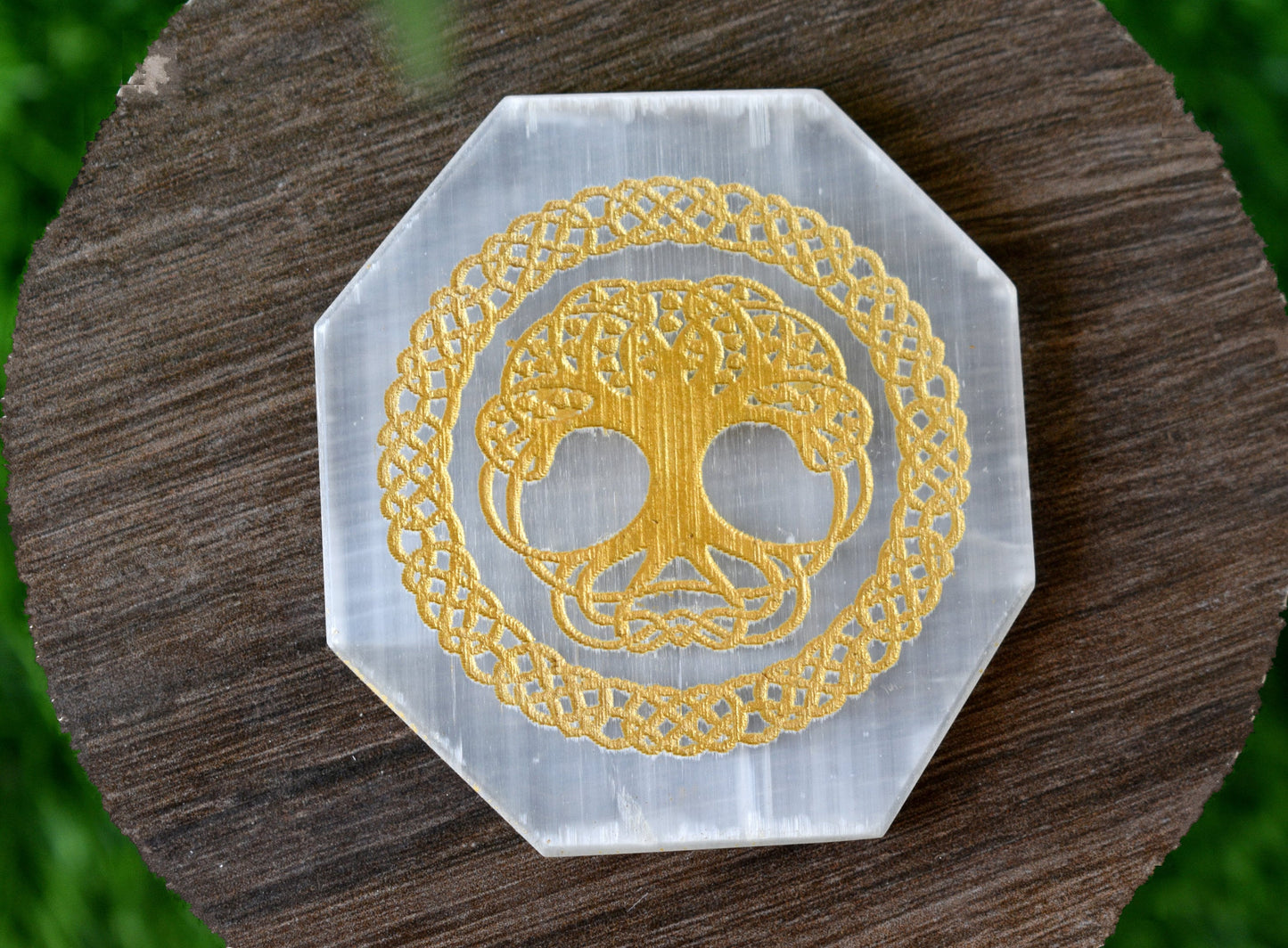 SELENITE Tree of Life Charging Plate ~ Etched Selenite, Celtic tree of life SELENITE Plate, Hexagon Shaped Golden Tree SELENITE Station