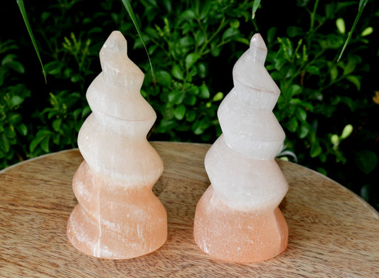 Orange Selenite Spiral Towers, Natural 4 Inch Colored Crystal Swirl Points, Healing Unicorn Horn Gemstones.