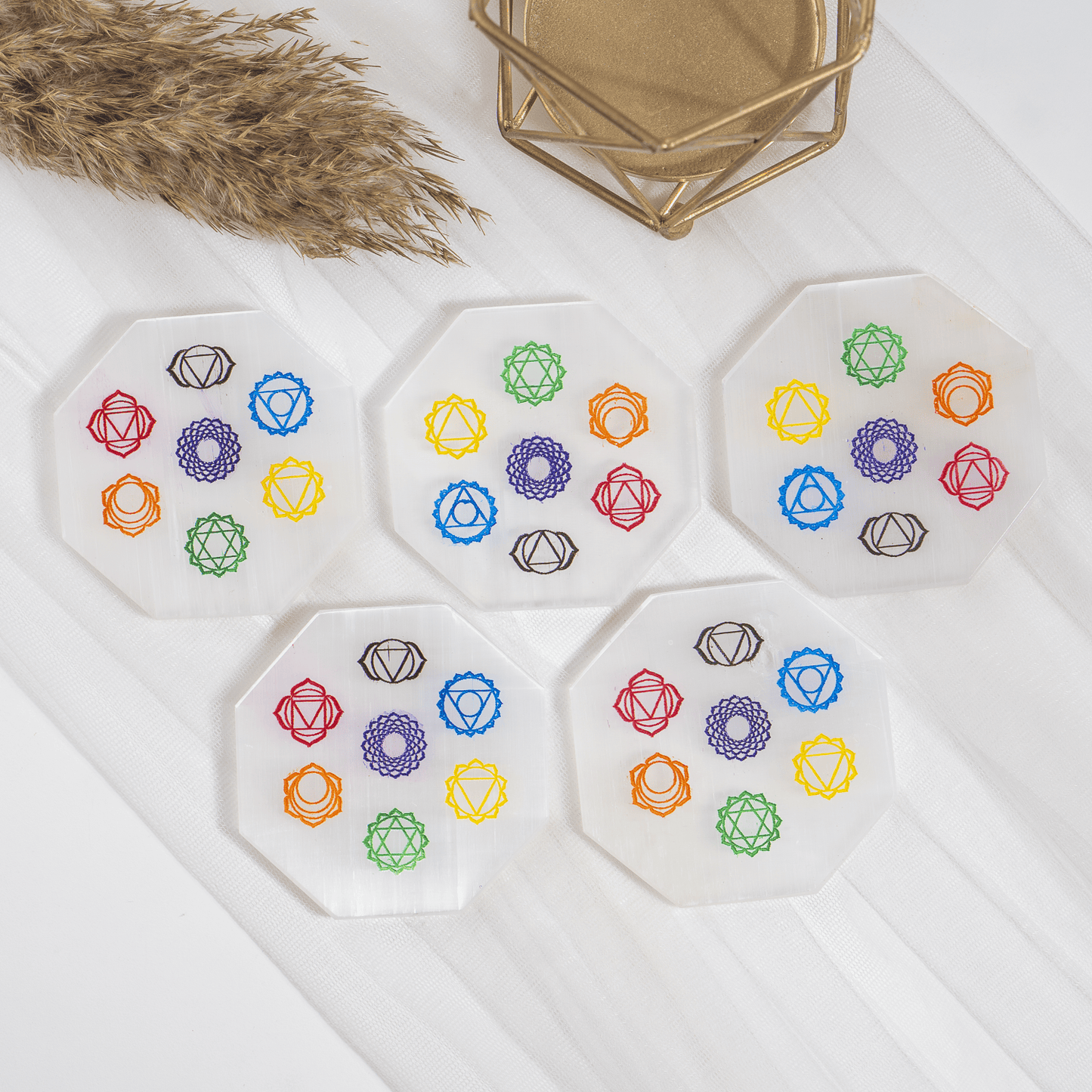 Selenite Charging Plate | 7 Chakra Symbols | Crystal Cleansing & Charging Altar Tool