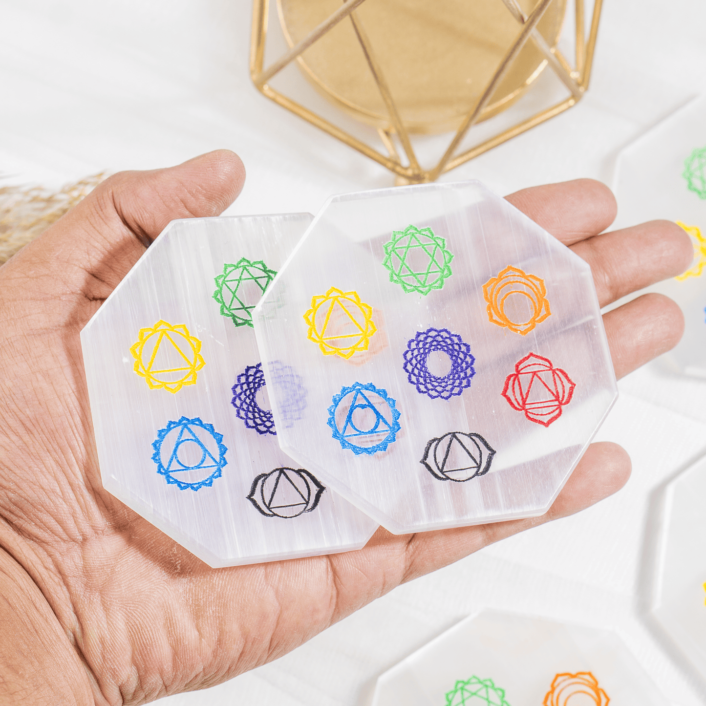 Selenite Charging Plate | 7 Chakra Symbols | Crystal Cleansing & Charging Altar Tool