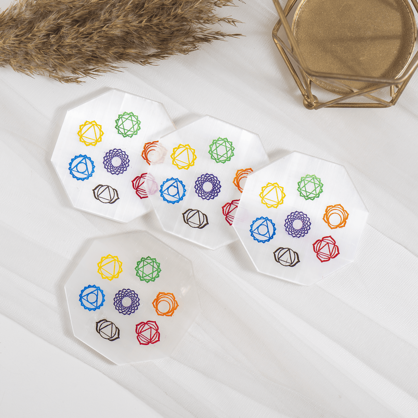 Selenite Charging Plate | 7 Chakra Symbols | Crystal Cleansing & Charging Altar Tool