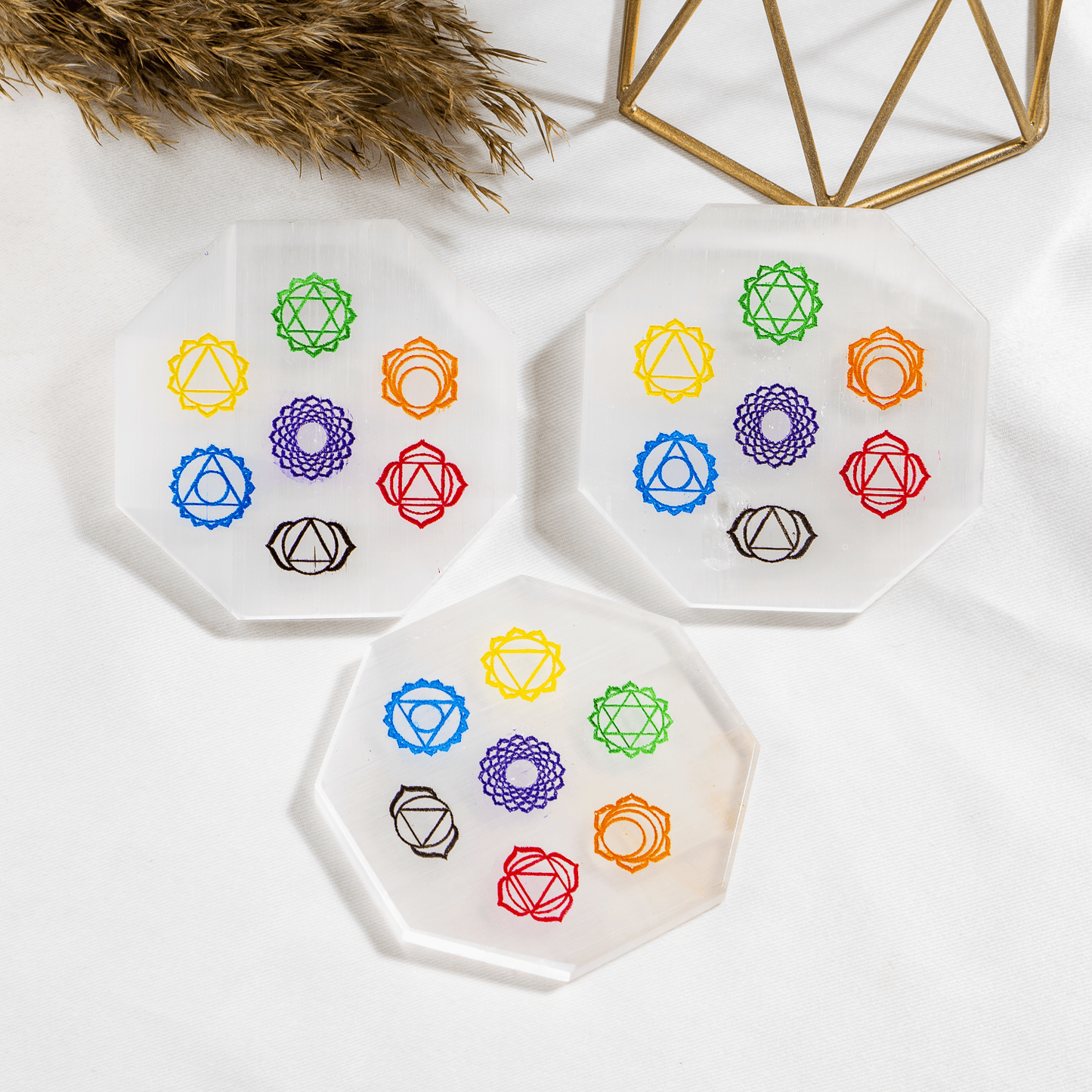 Selenite Charging Plate | 7 Chakra Symbols | Crystal Cleansing & Charging Altar Tool