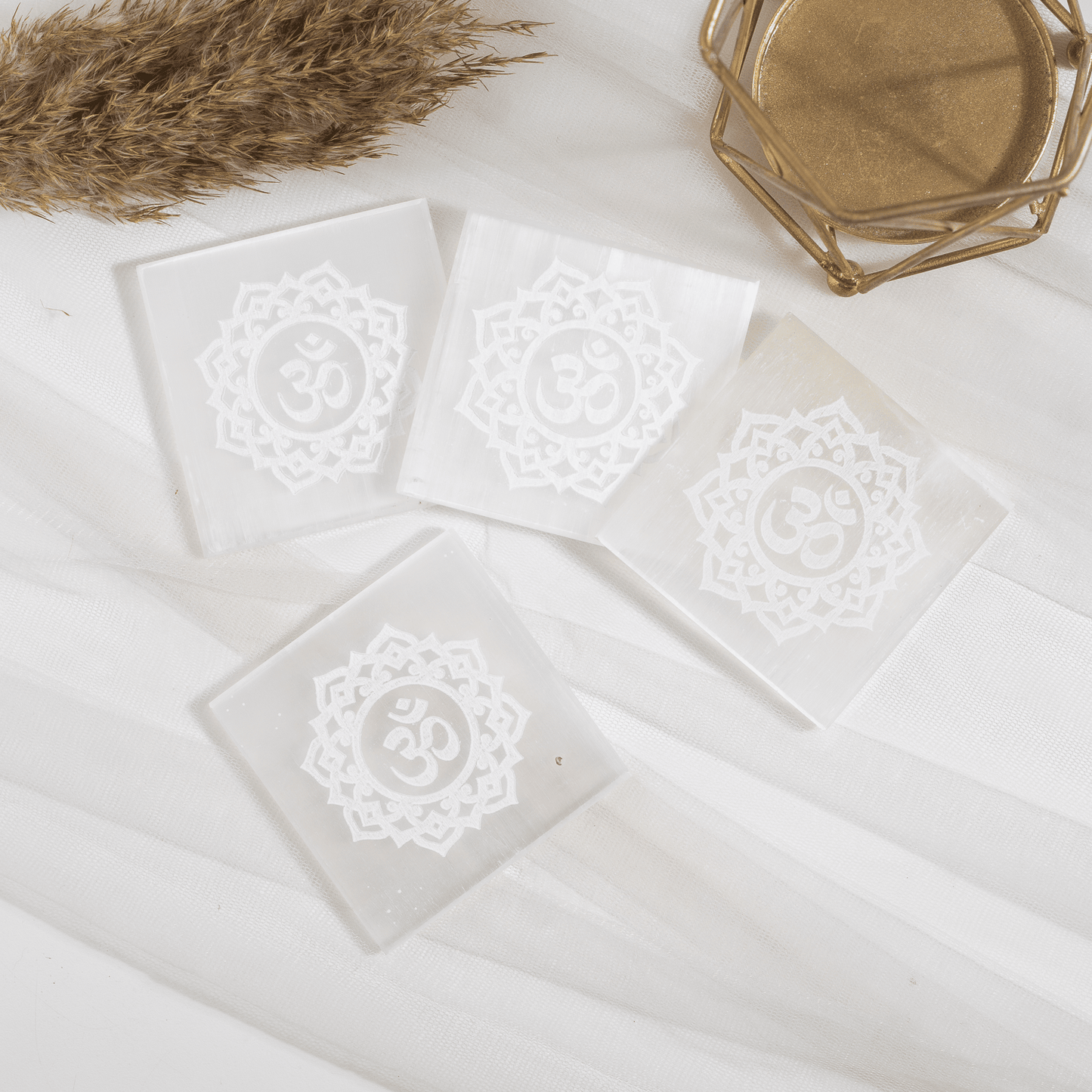 3-Inch Selenite Square Plate | Om Charging Dish | Crystal Cleansing & Charging Plate
