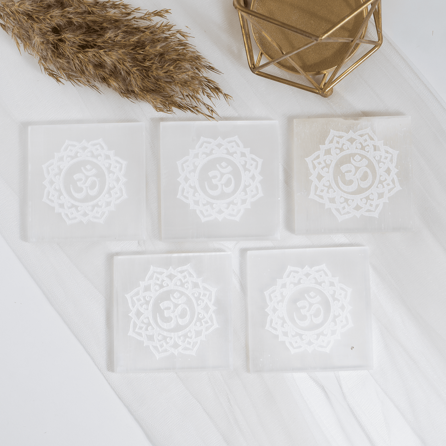 3-Inch Selenite Square Plate | Om Charging Dish | Crystal Cleansing & Charging Plate