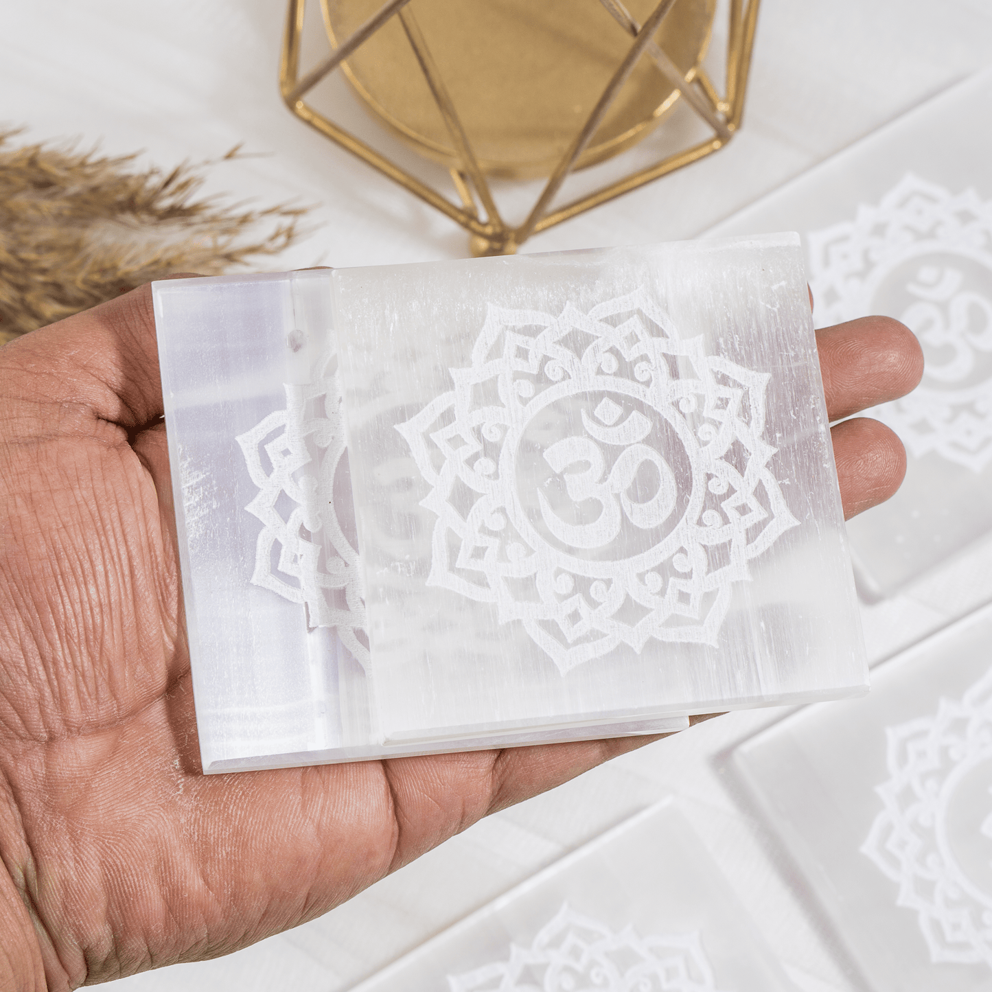 3-Inch Selenite Square Plate | Om Charging Dish | Crystal Cleansing & Charging Plate