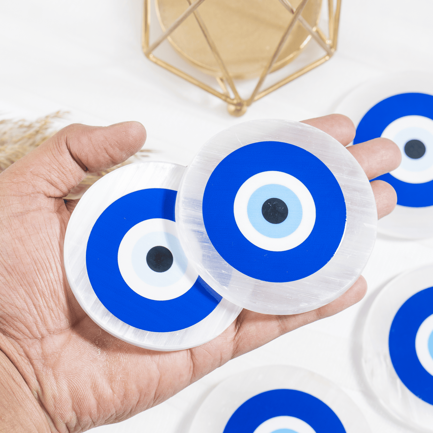 3-Inch Selenite Evil Eye Plate | Crystal Charging & Cleansing Plate | Spiritual Décor