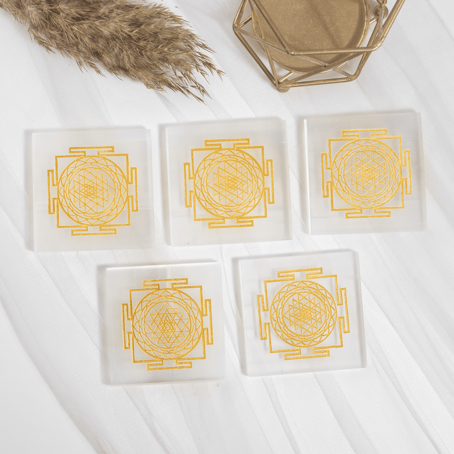Shri Yantra Selenite Charging Plate, 3 inche Polished Square Selenite Crystal For Positive Energy, Spiritual Sacred Geometry