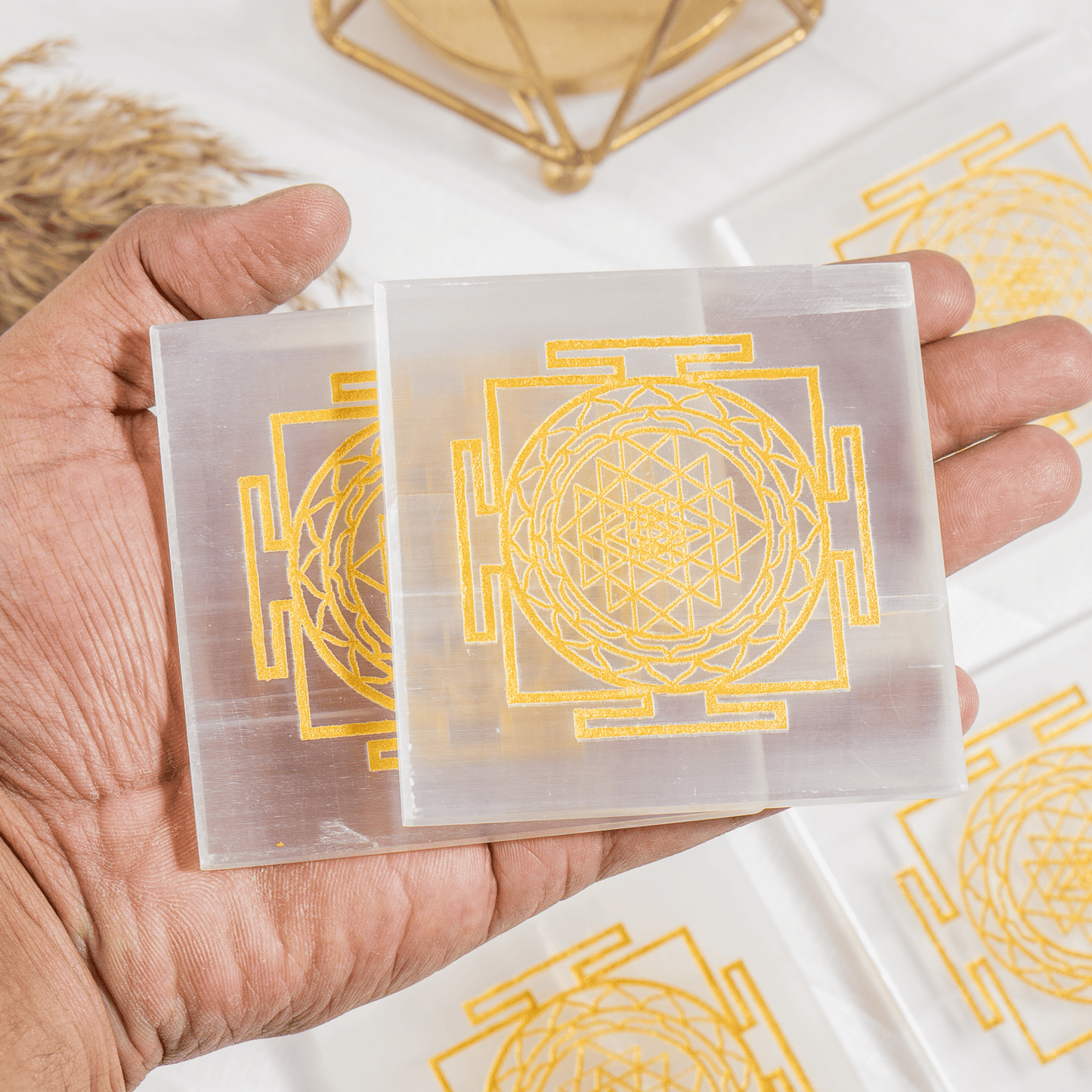 Shri Yantra Selenite Charging Plate, 3 inche Polished Square Selenite Crystal For Positive Energy, Spiritual Sacred Geometry