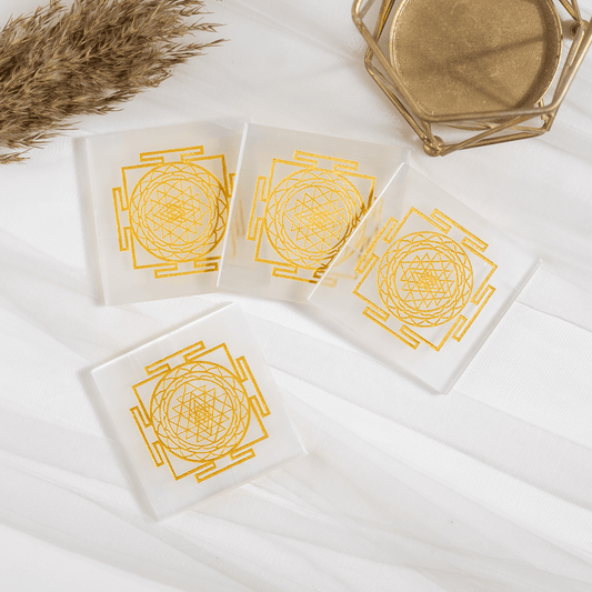Shri Yantra Selenite Charging Plate, 3 inche Polished Square Selenite Crystal For Positive Energy