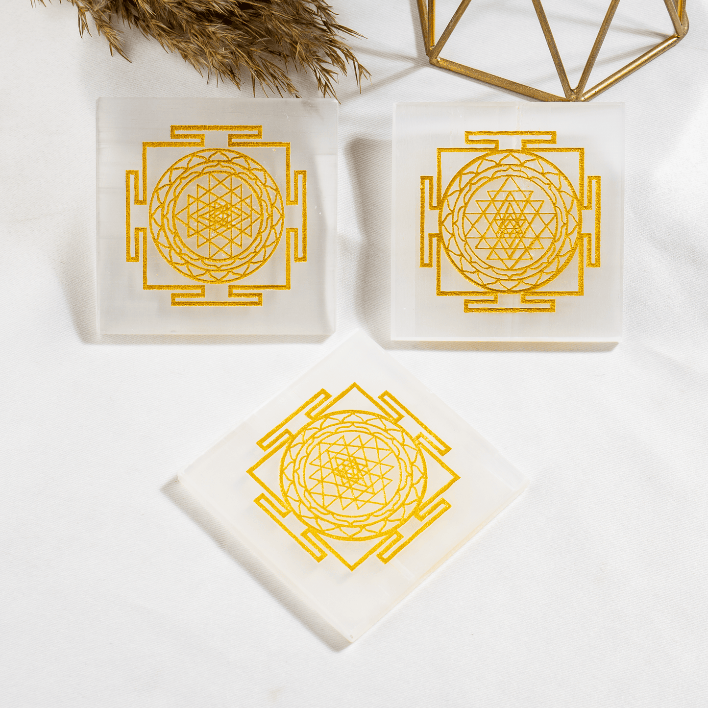 Shri Yantra Selenite Charging Plate, 3 inche Polished Square Selenite Crystal For Positive Energy, Spiritual Sacred Geometry