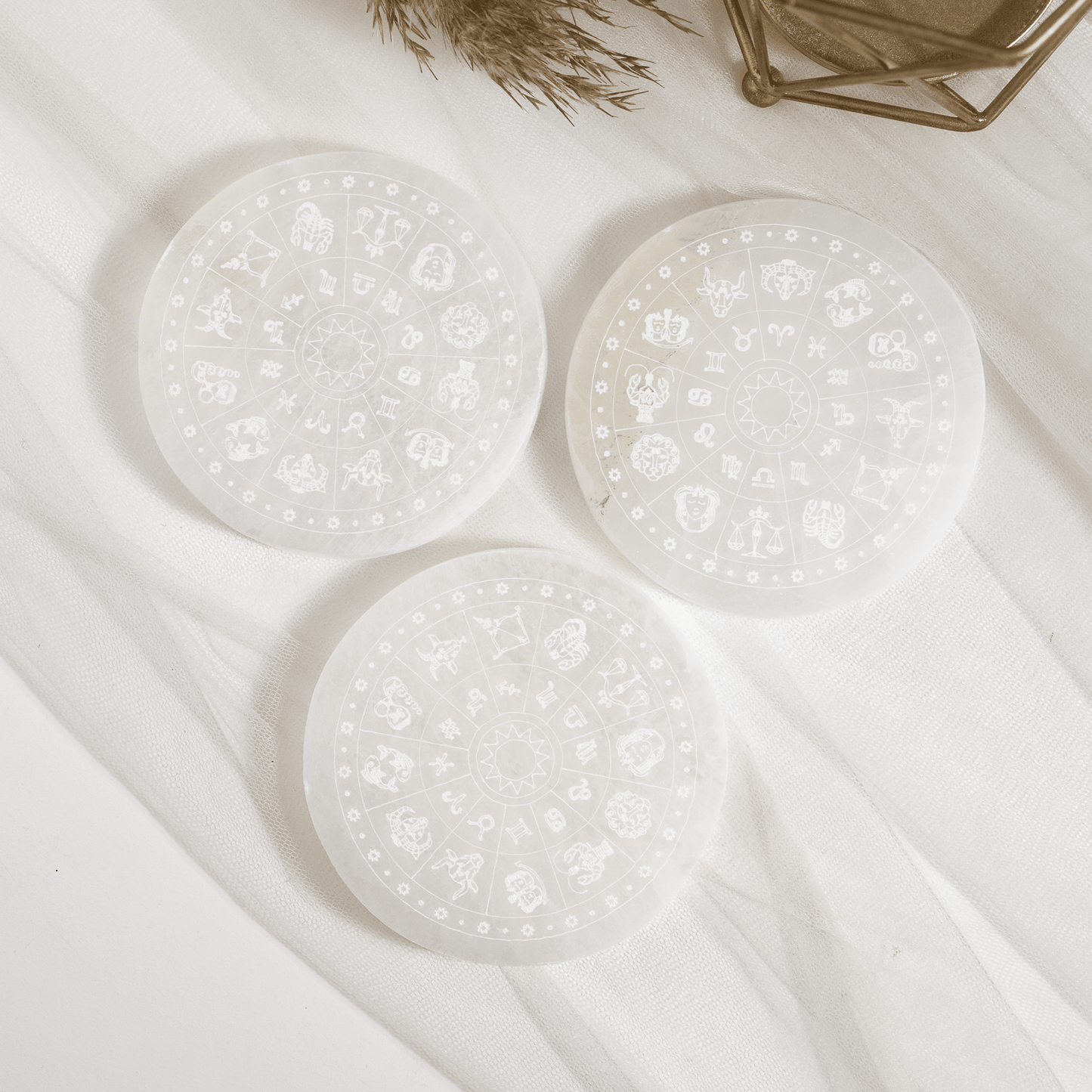 4-Inch Selenite Zodiac Plate | Crystal Charging & Cleansing Plate | Zodiac Crystal Altar Dish