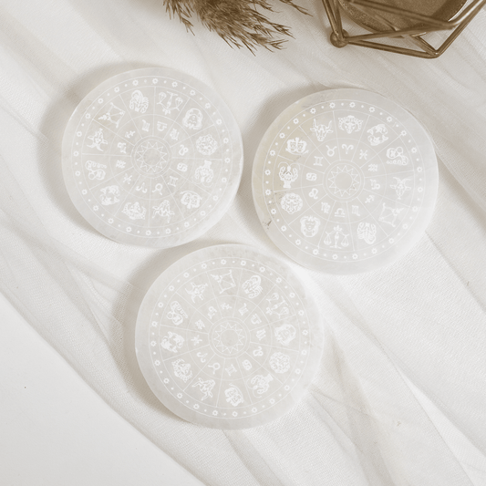 4-Inch Selenite Zodiac Plate | Crystal Charging & Cleansing Plate | Zodiac Crystal Altar Dish