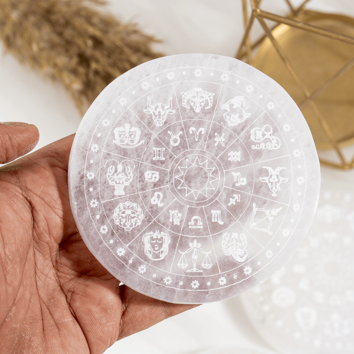 4-Inch Selenite Zodiac Plate | Crystal Charging & Cleansing Plate | Zodiac Crystal Altar Dish