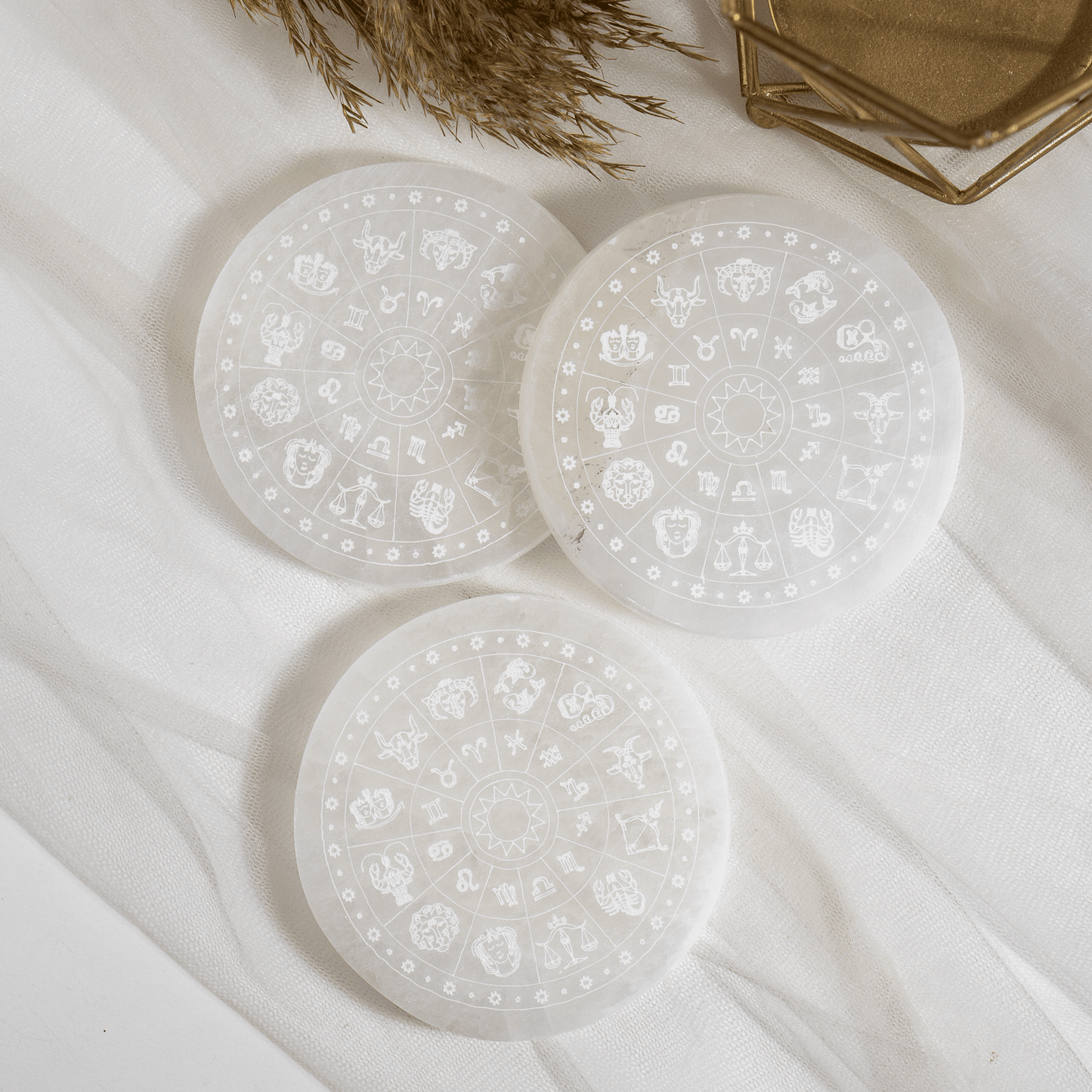 4-Inch Selenite Zodiac Plate | Crystal Charging & Cleansing Plate | Zodiac Crystal Altar Dish