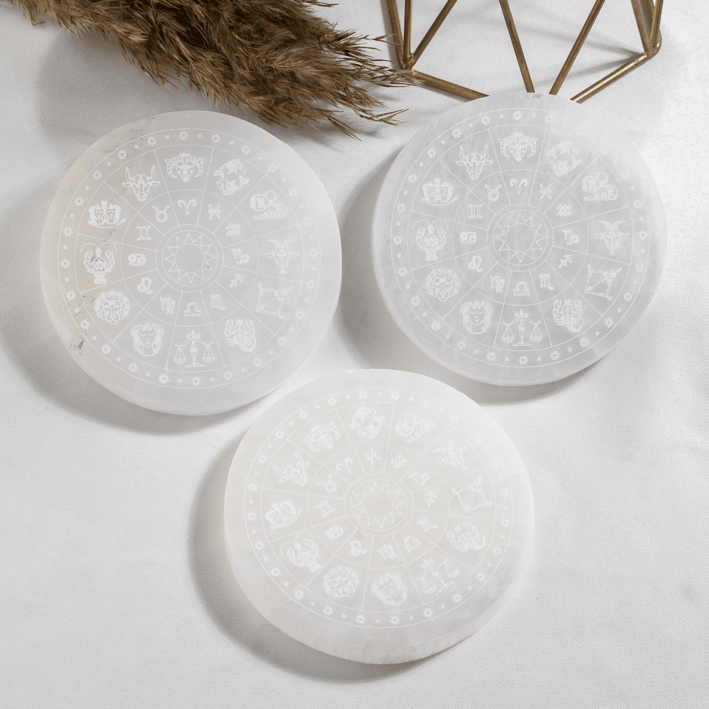 4-Inch Selenite Zodiac Plate | Crystal Charging & Cleansing Plate | Zodiac Crystal Altar Dish