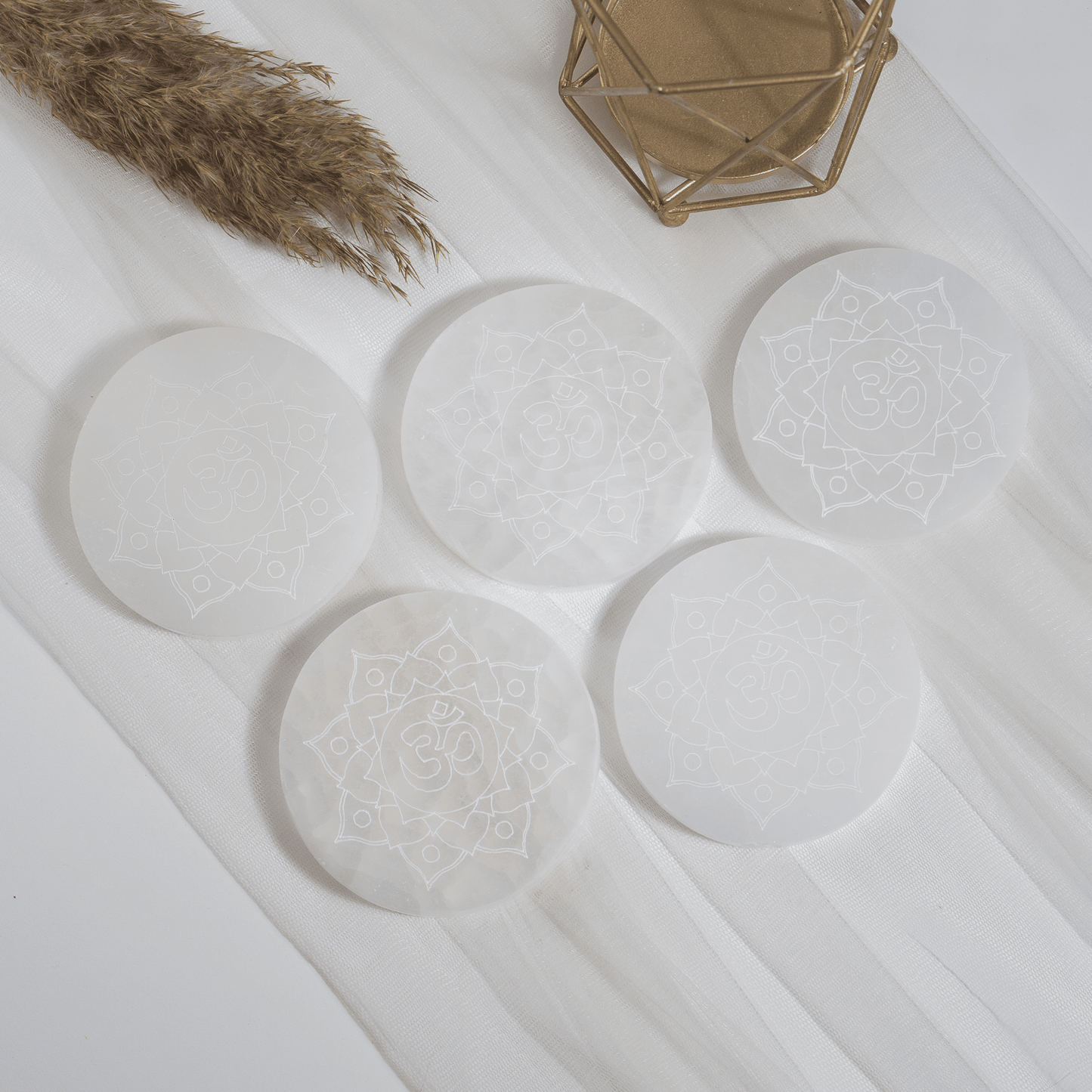 4-Inch Selenite Om Plate | Engraved Om Symbol | Crystal Charging & Cleansing Plate