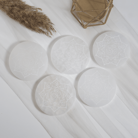 4-Inch Selenite Om Plate | Engraved Om Symbol | Crystal Charging & Cleansing Plate
