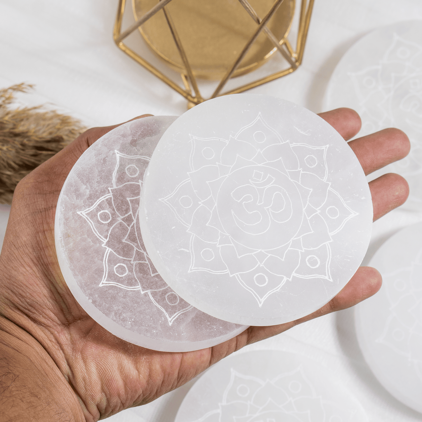 4-Inch Selenite Om Plate | Engraved Om Symbol | Crystal Charging & Cleansing Plate