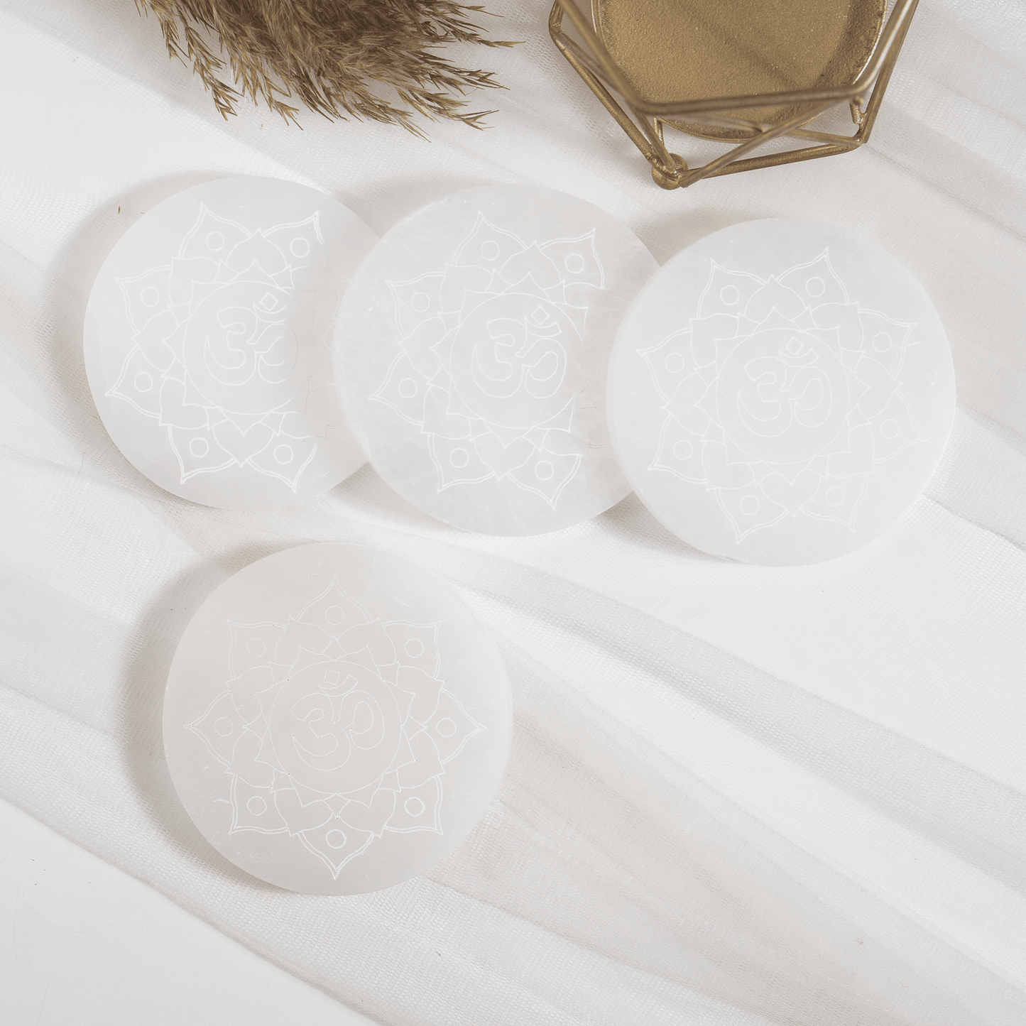 4-Inch Selenite Om Plate | Engraved Om Symbol | Crystal Charging & Cleansing Plate