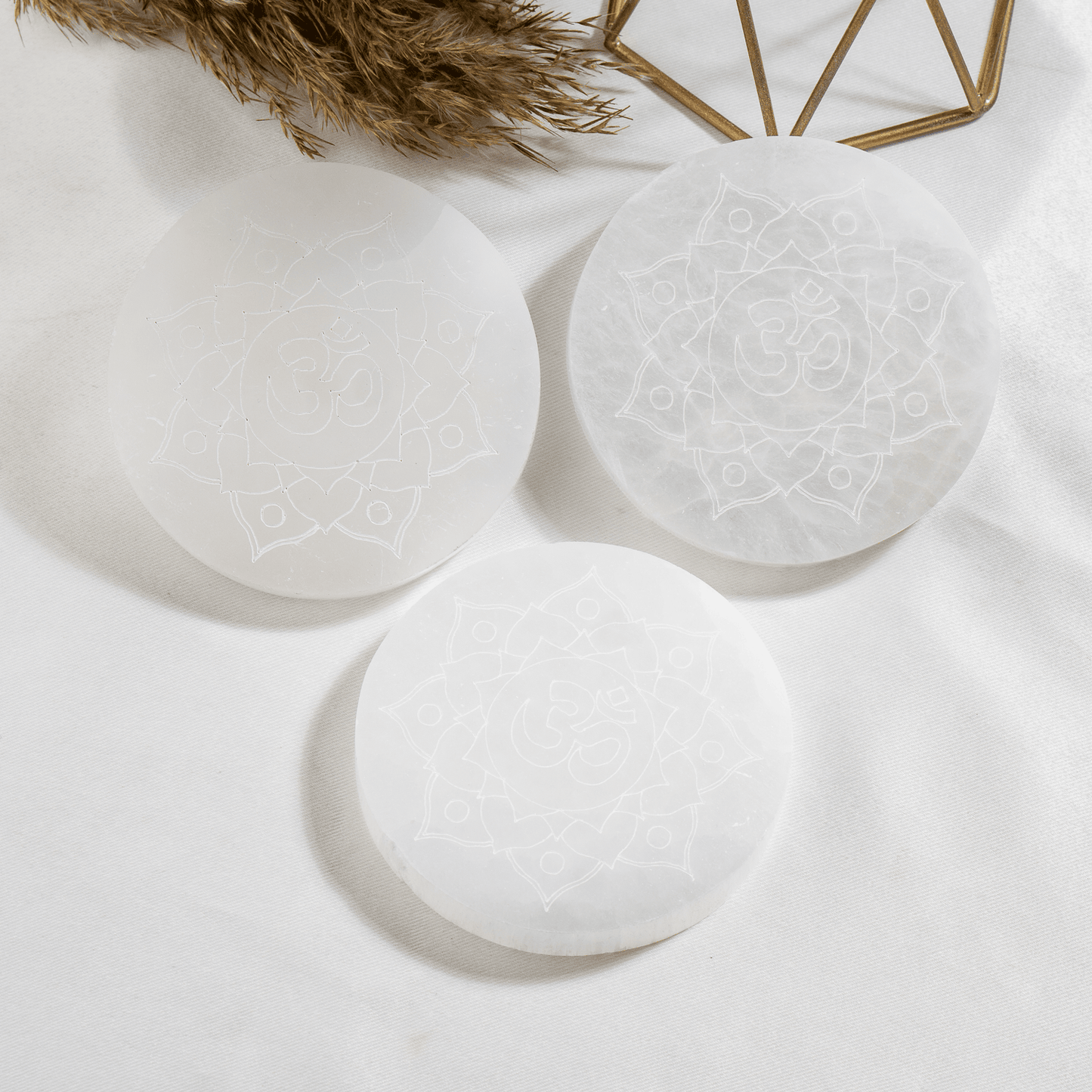 4-Inch Selenite Om Plate | Engraved Om Symbol | Crystal Charging & Cleansing Plate