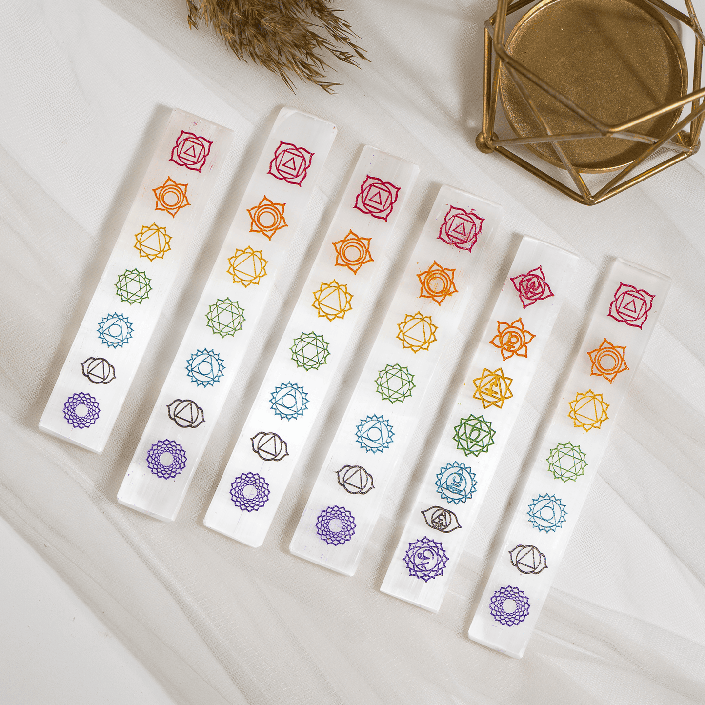 Long Selenite Plate with 7 Chakra Carvings | Crystal Charging & Cleansing Plate | Reiki Healing & Meditation