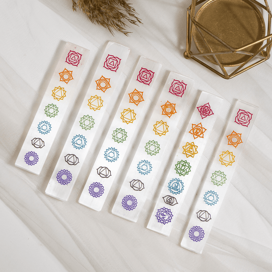 Long Selenite Plate with 7 Chakra Carvings | Crystal Charging & Cleansing Plate | Reiki Healing & Meditation