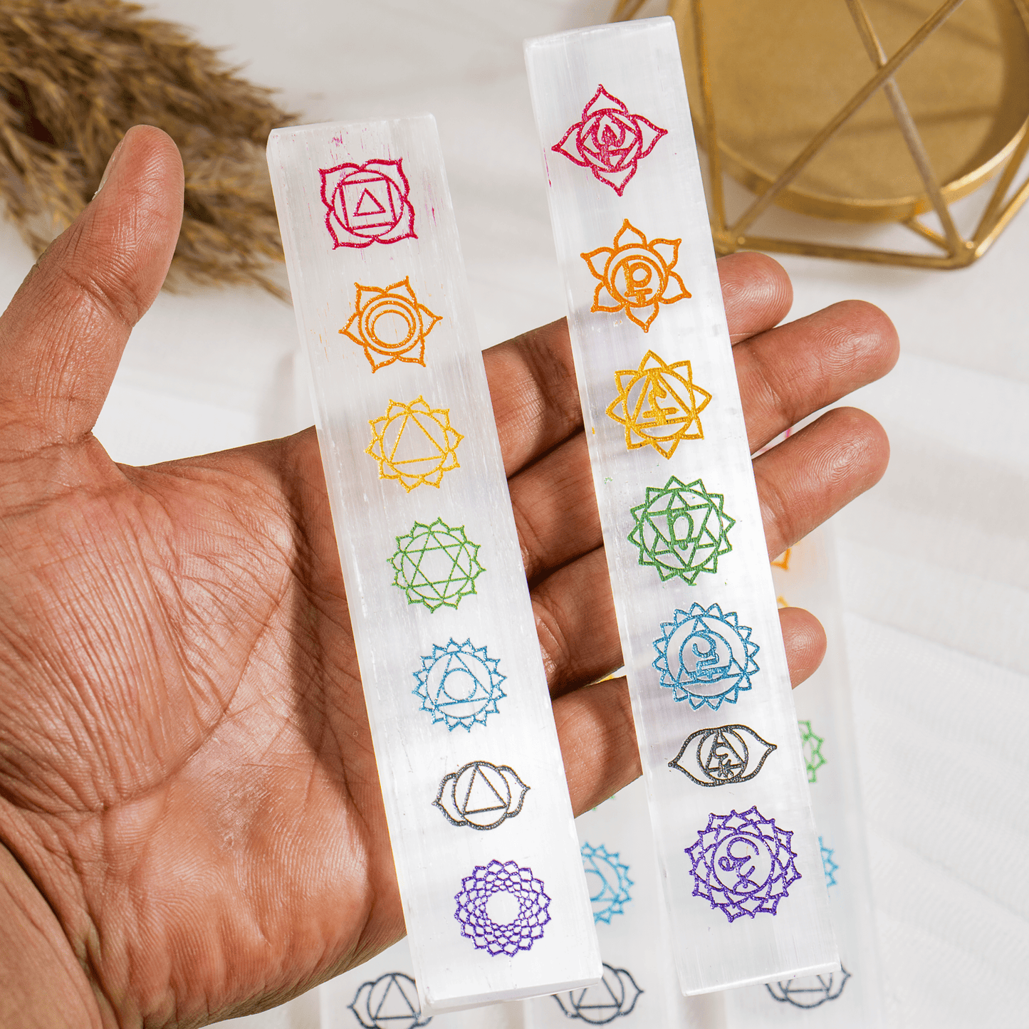 Long Selenite Plate with 7 Chakra Carvings | Crystal Charging & Cleansing Plate | Reiki Healing & Meditation