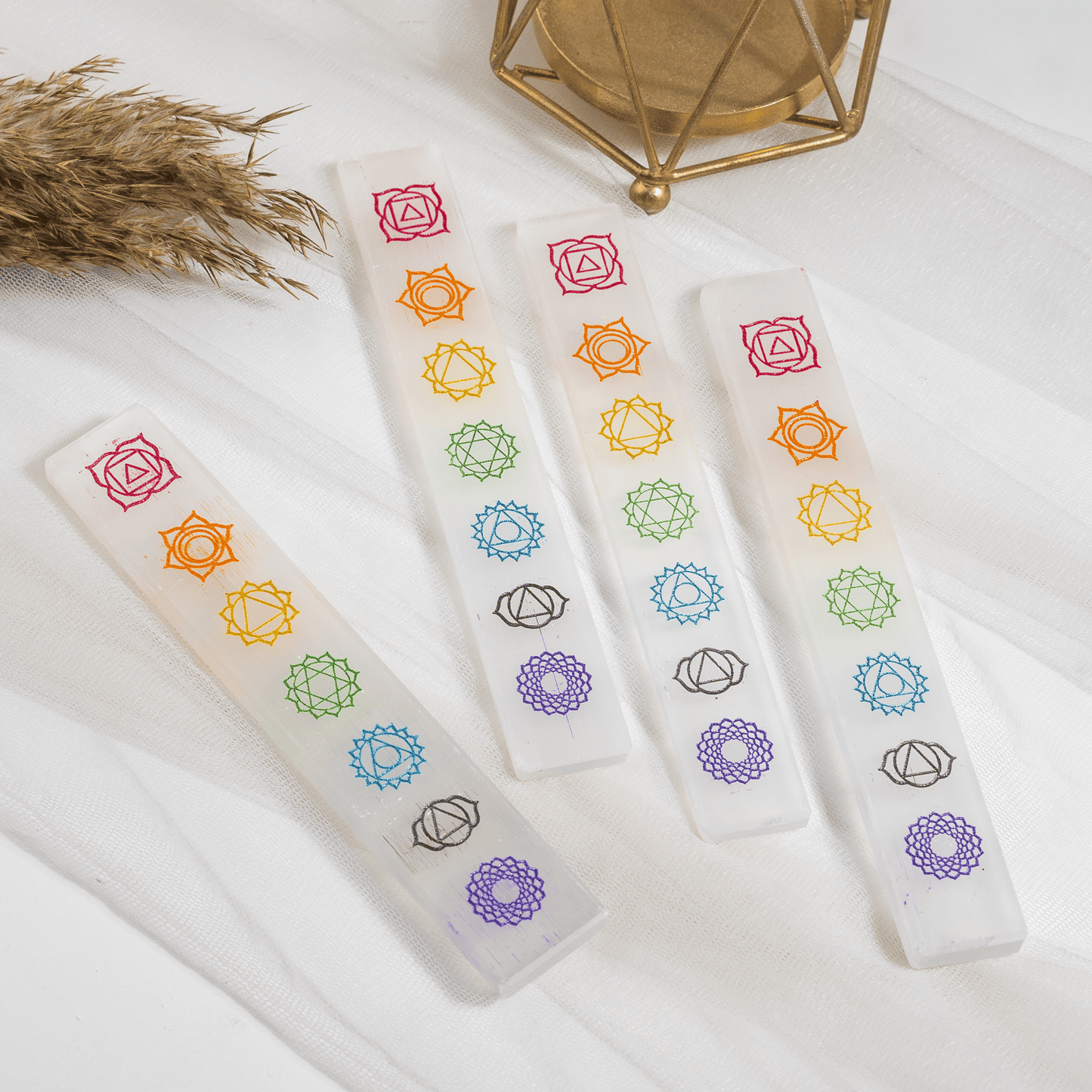 Long Selenite Plate with 7 Chakra Carvings | Crystal Charging & Cleansing Plate | Reiki Healing & Meditation