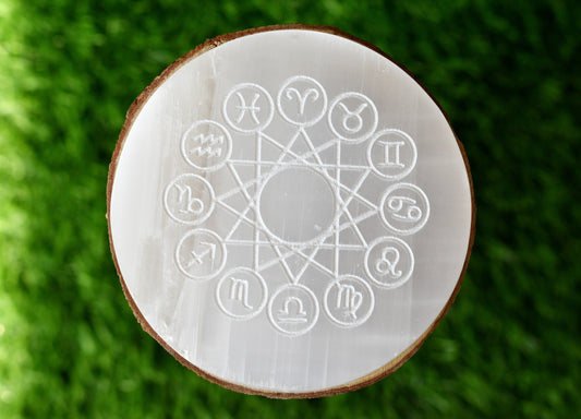 3 inches Round Selenite Plate with Karuna Reiki Symbols White Selenite Charging Plate