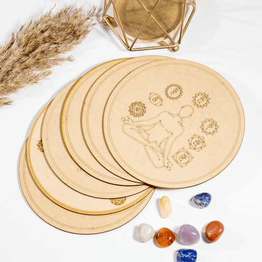 6" Wooden 7 Chakra Yoga Crystal Grid Plate