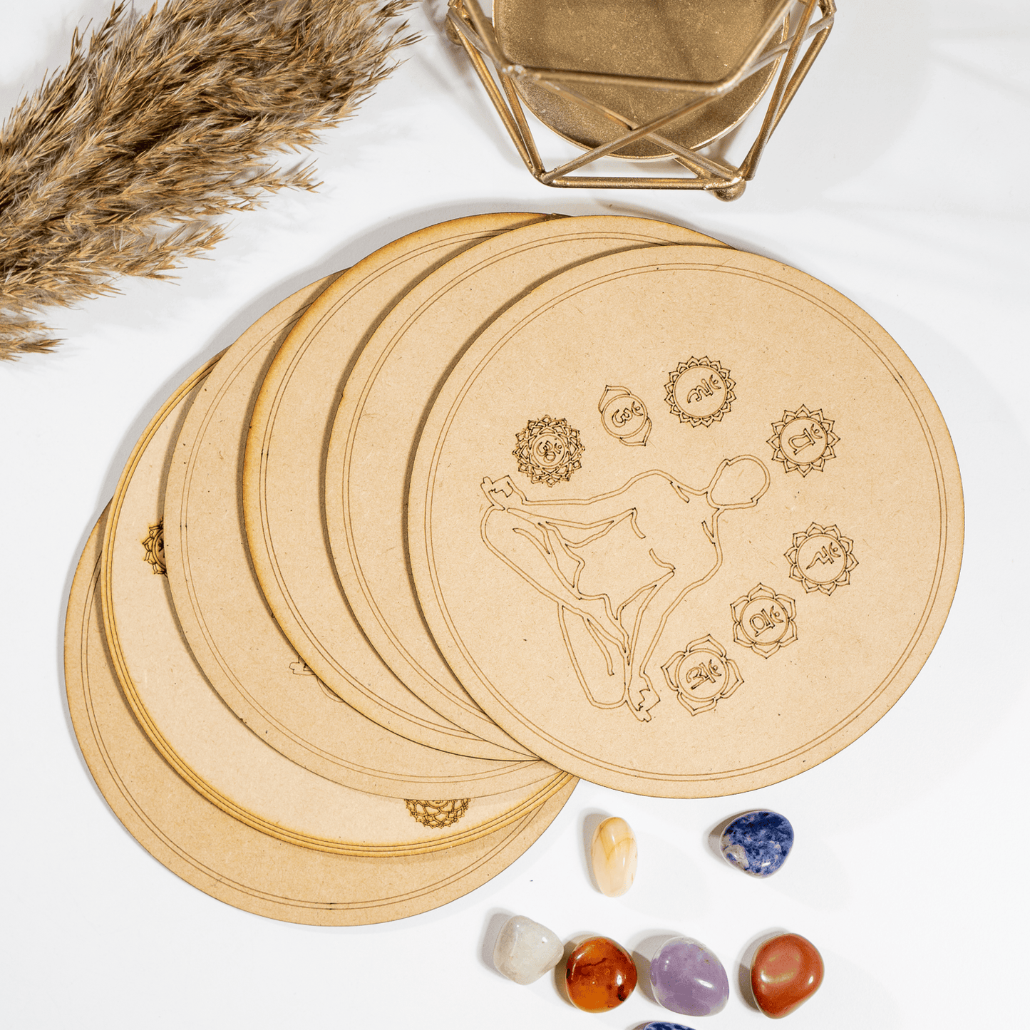 6" Wooden 7 Chakra Yoga Crystal Grid Plate
