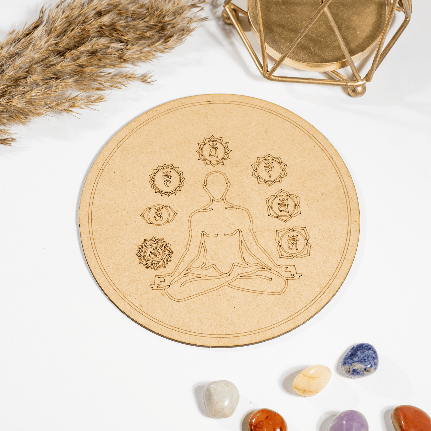 6" Wooden 7 Chakra Yoga Crystal Grid Plate