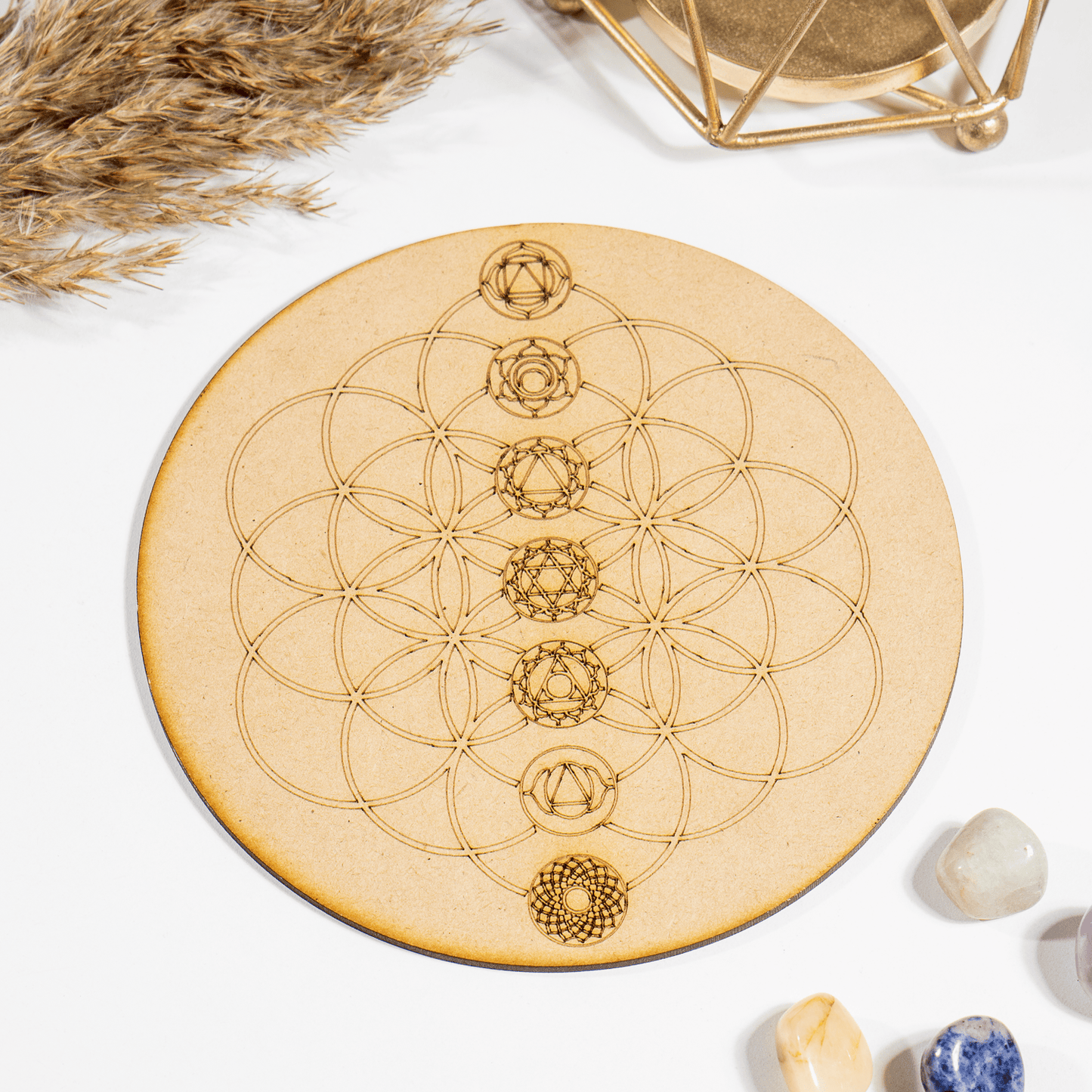 6" Wooden Tree of Life with 7 Chakras Grid Plate