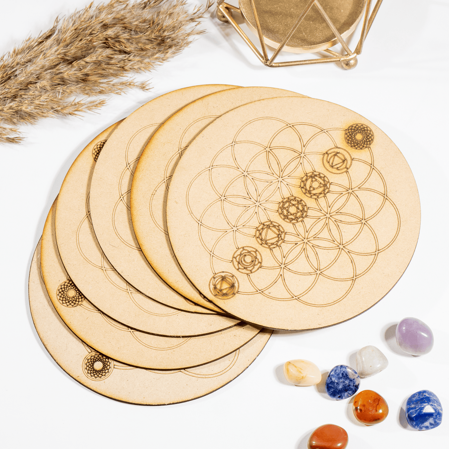 6" Wooden Tree of Life with 7 Chakras Grid Plate