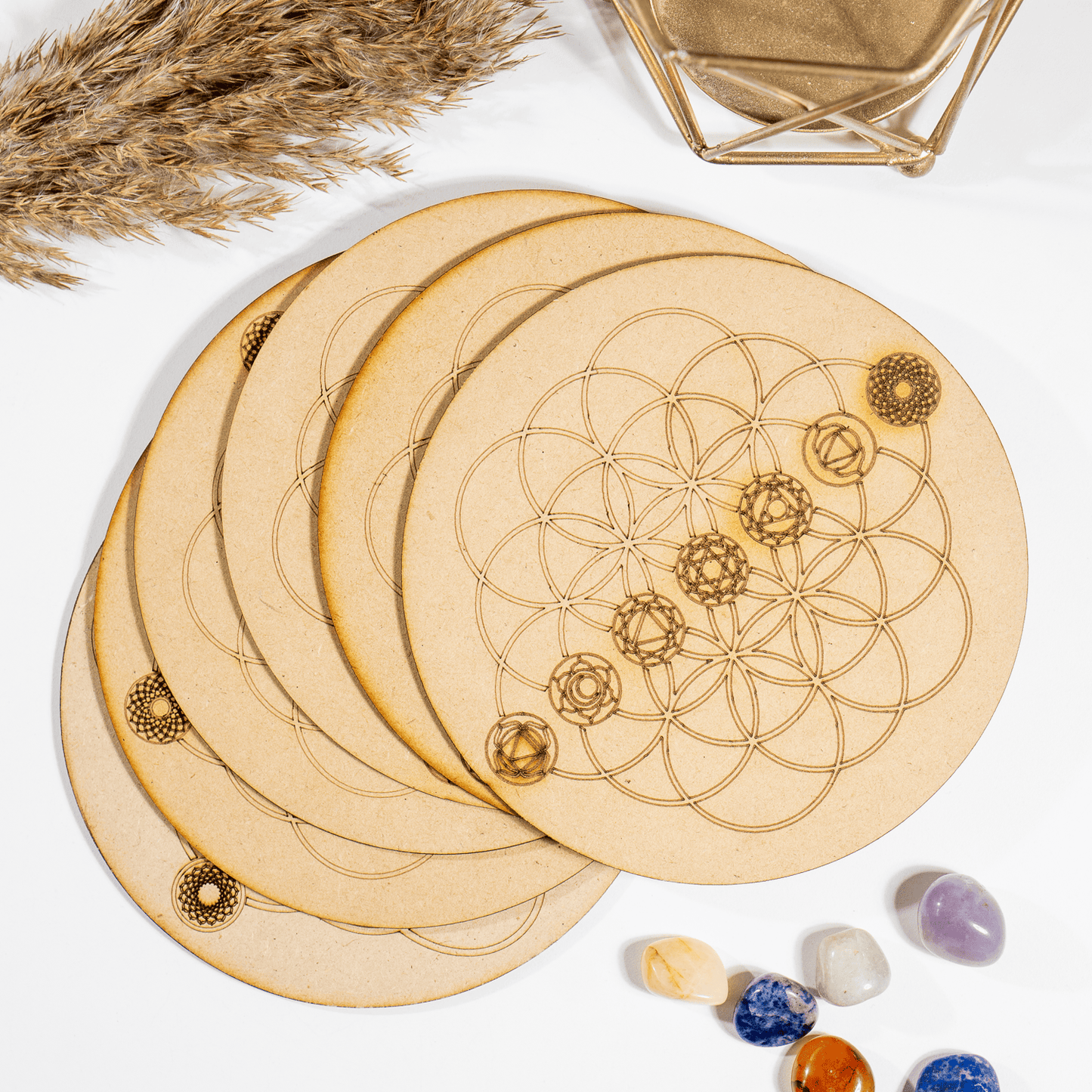 6" Wooden Tree of Life with 7 Chakras Grid Plate