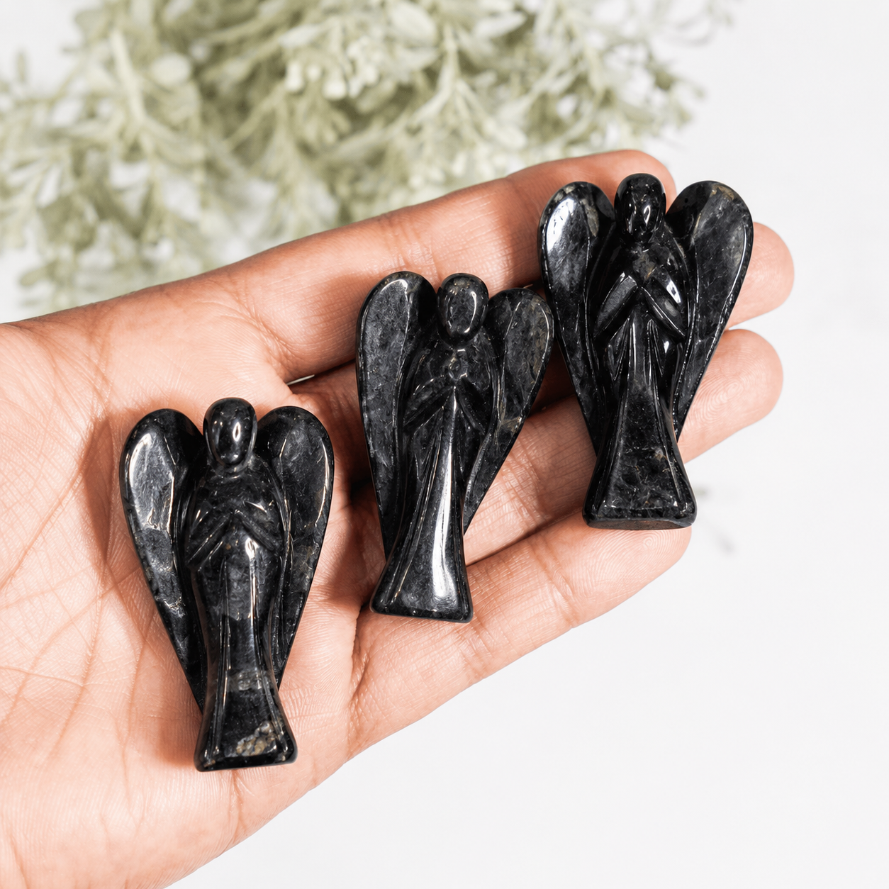 2'' Black Tourmaline Angel, Gemstone Peace Angel