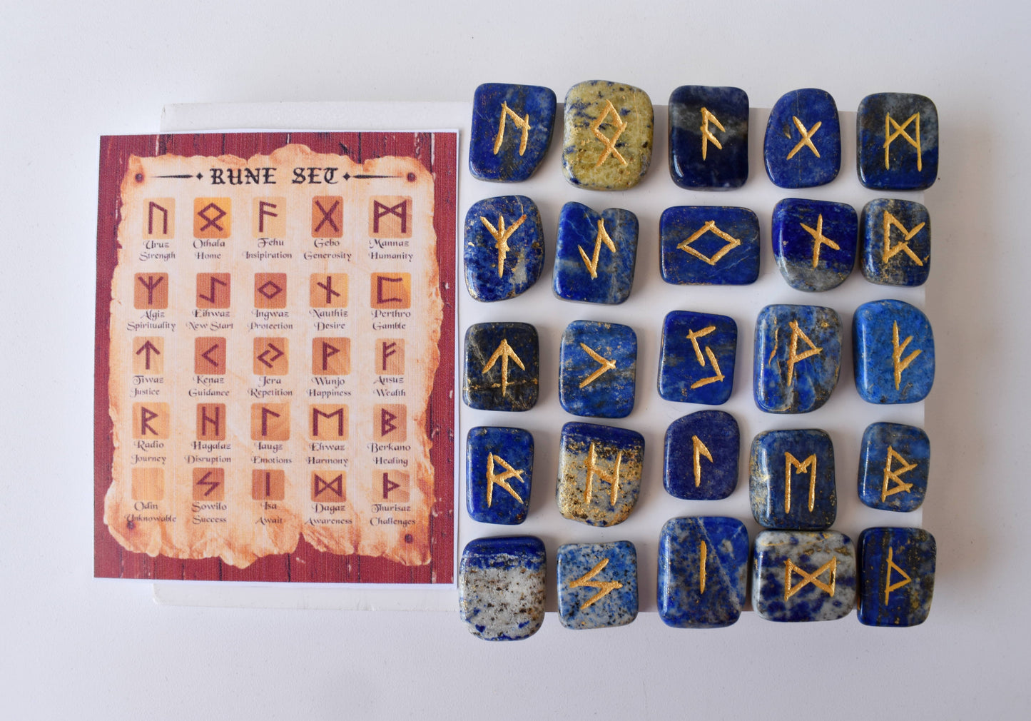 Lapis Lazuli Rune Sets  with Black Velvet Pouch and Rune Card