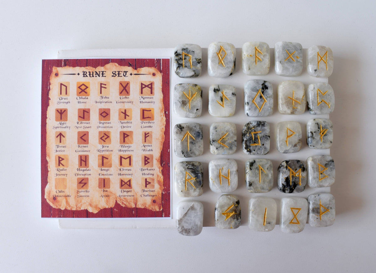 Rainbow Moonstone Rune Sets with Black Velvet Pouch and Rune Card