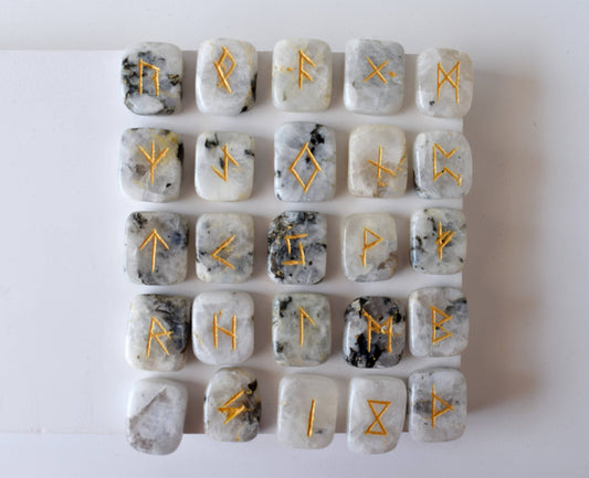 Rainbow Moonstone Rune Sets with Black Velvet Pouch and Rune Card