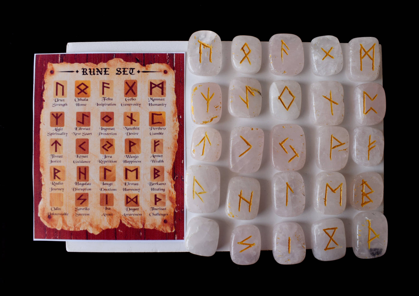 Rose Quartz Rune Sets with Black Velvet Pouch and Rune Card
